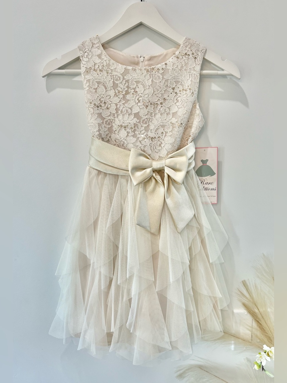 Rare Editions Ivory Lace & Tulle Bow Dress